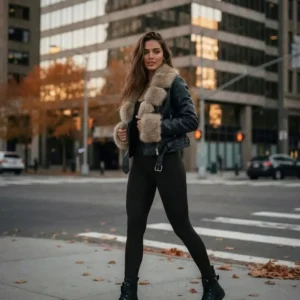 Kobieta w czarnej kurtce z futrem