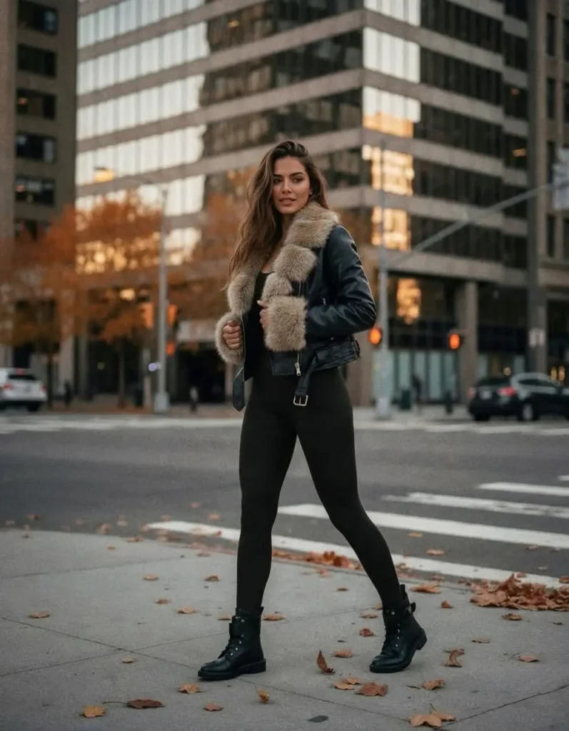 Kobieta w czarnej kurtce z futrem